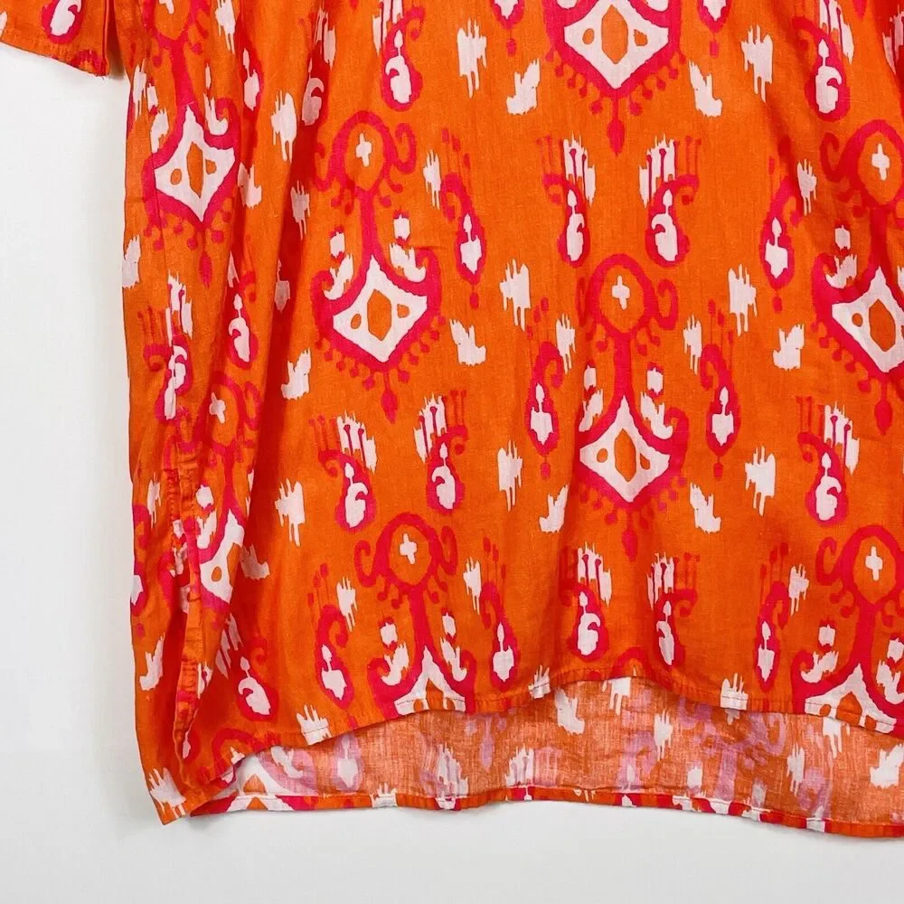 Mud Pie Dress Women Medium Orange Pink Ikat Ruffle Bell Sleeve Boho Coastal